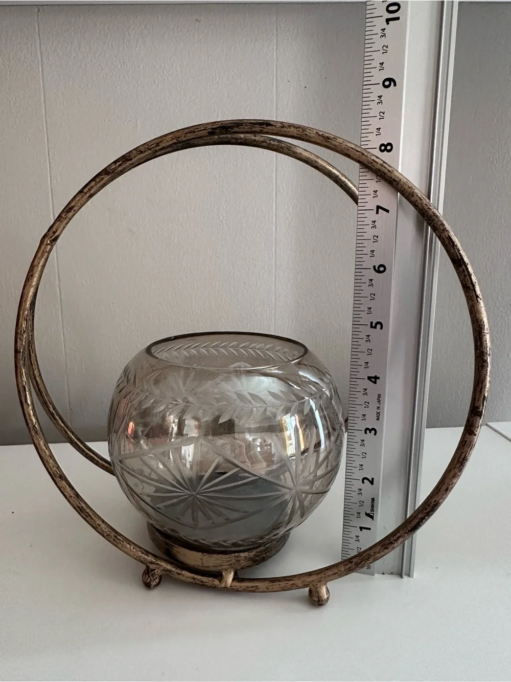 Etched Glass Globe With Distressed Brass Hoop Frame - Candle Holder or Planter